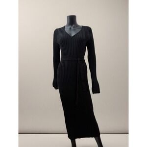 Black Ribbed Knit Maxi Dress Long Sleeve Belted Stretch XL Bodycon